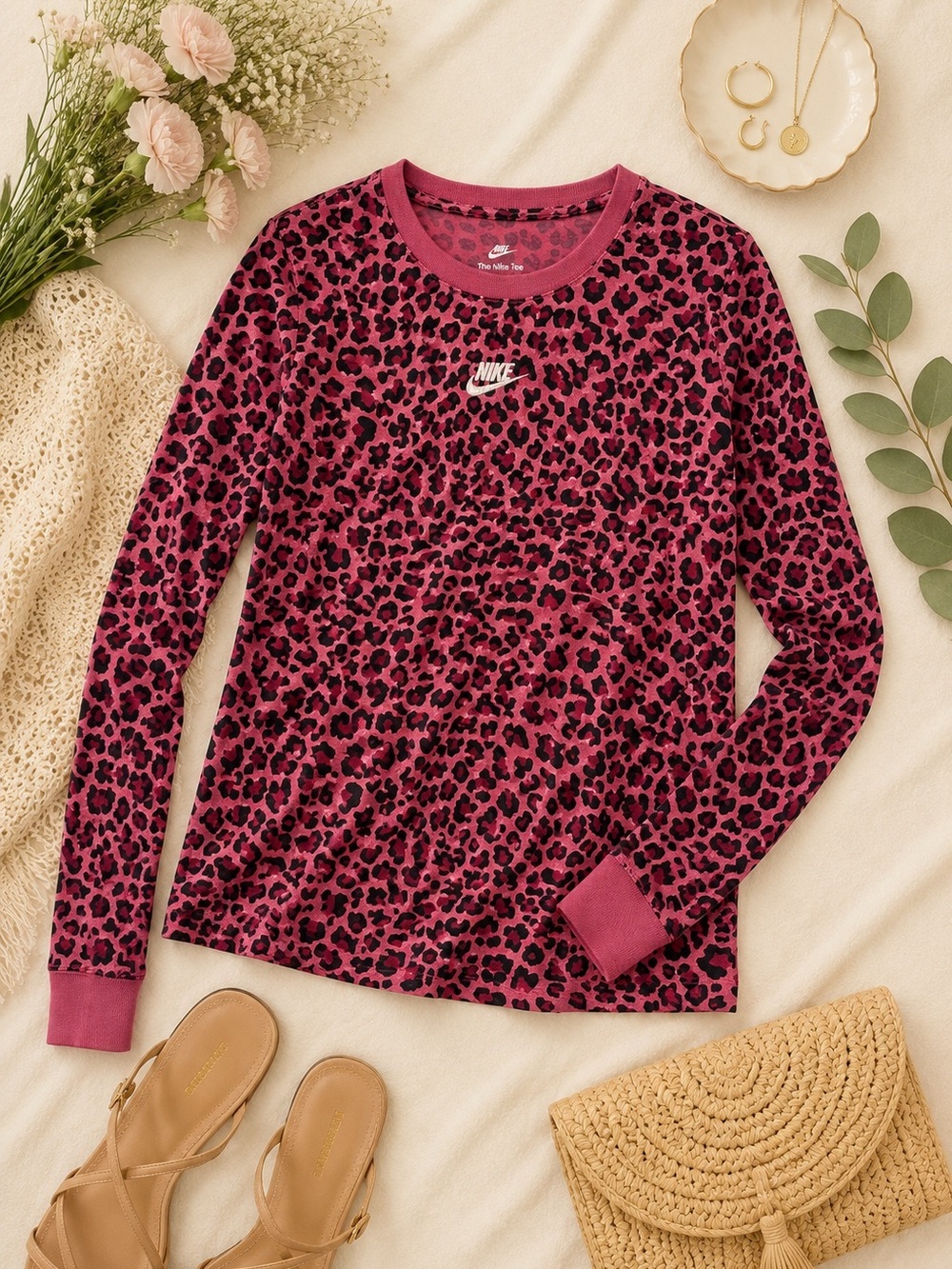 Nike Leopard Print Long Sleeve Tee | Pink & Black | Size Medium
